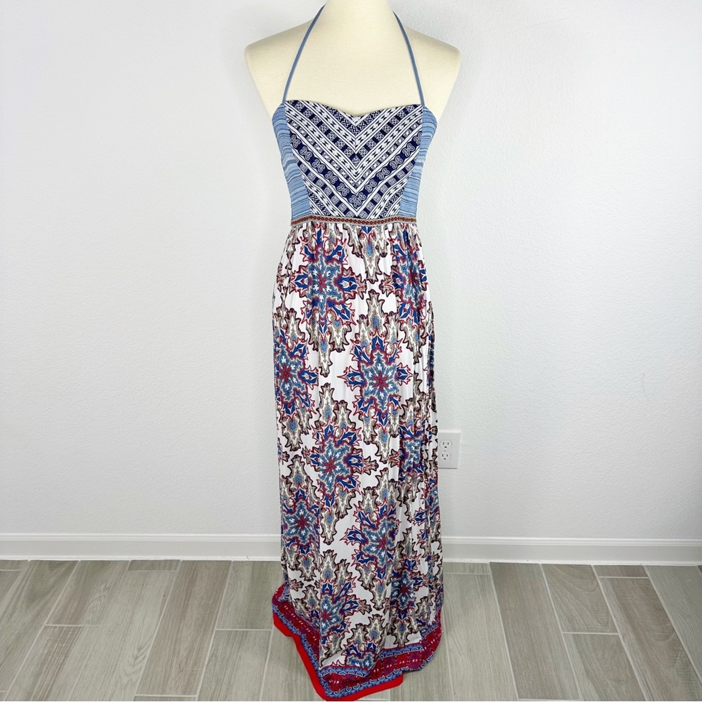 Flying Tomato Blue and White Halter Maxi Dress with Red Accents